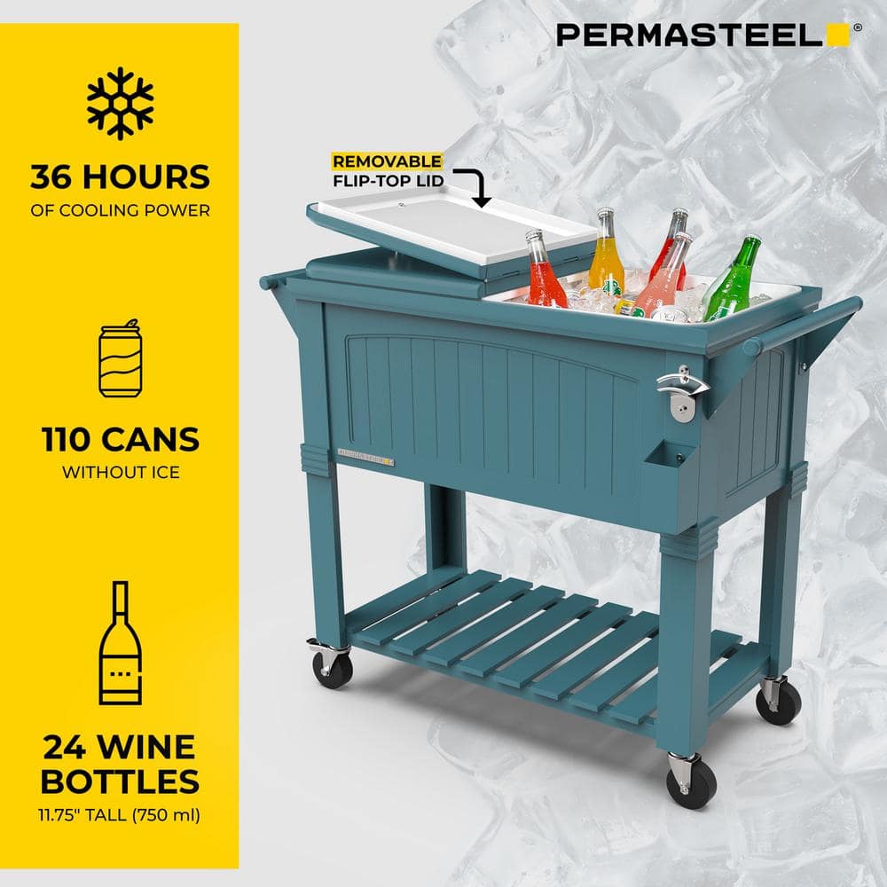 Teal Antique Rolling Wood Patio Cooler with Wheels