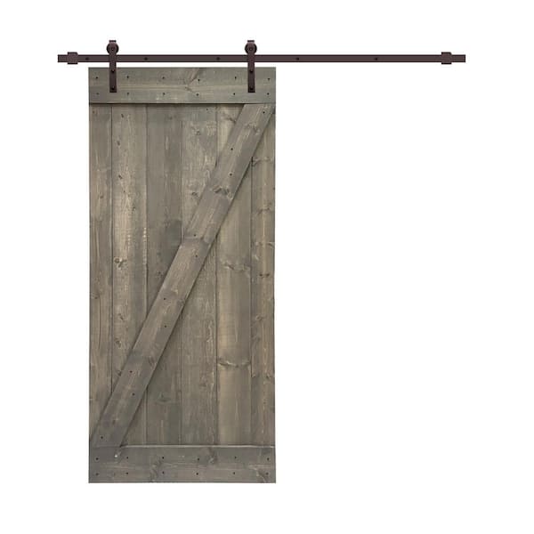 CALHOME 30 in. x 84 in. Z Bar Weather Gray Stained Solid Knotty Pine Wood Interior Sliding Barn Door with Sliding Hardware Kit
