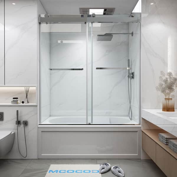 MCOCOD 56-60.75 in. W x 60 in. H Double Sliding Frameless Soft Close Tub Door in Chrome with 3/8 in. Clear Glass