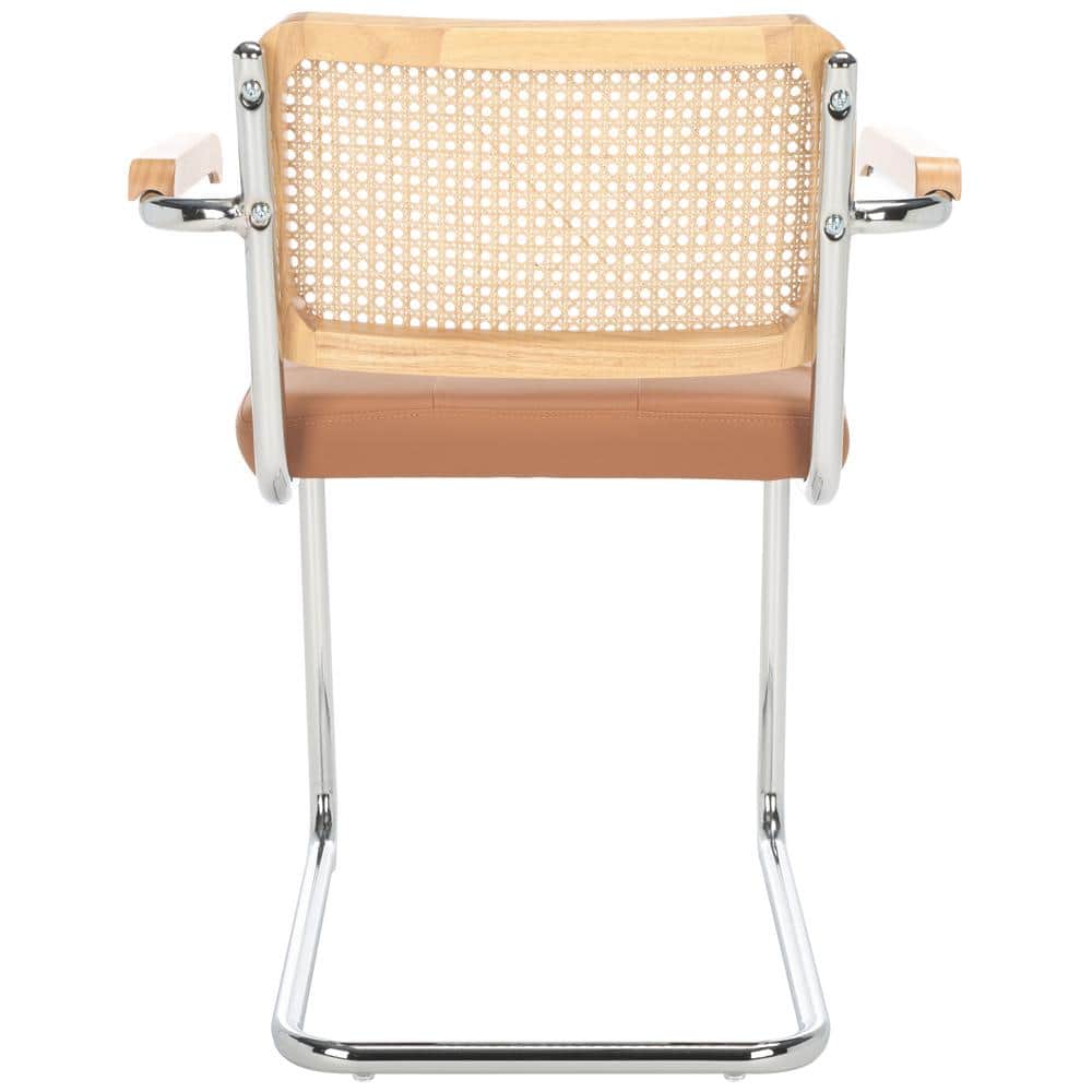 Cognac Faux Leather and Natural Rattan Arm Chair with Chrome Legs