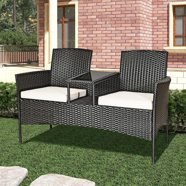 ANGELES HOME 3-Piece Weather-Resistant PE Rattan Wicker Patio Conversation Set with Removable White Cushions and Tempered Glass Table