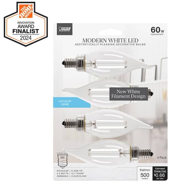 Feit Electric 60-Watt Equivalent BA10 E12 Candelabra Dimmable White Filament Clear Chandelier LED Light Bulb, Daylight 5000K (4-Pack)