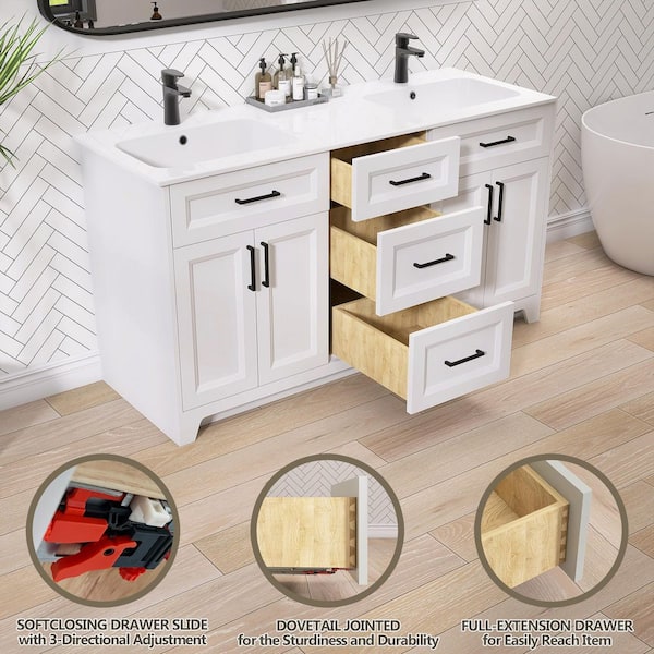 60 in. Double Sinks Freestanding White Bath Vanity with White Solid Surface Top and Basin Solid Wood Bathroom Cabinet