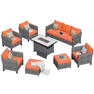 New Star Gray 8-Piece Wicker Patio Rectangle Fire Pit Conversation Seating Set with Orange Red Cushions