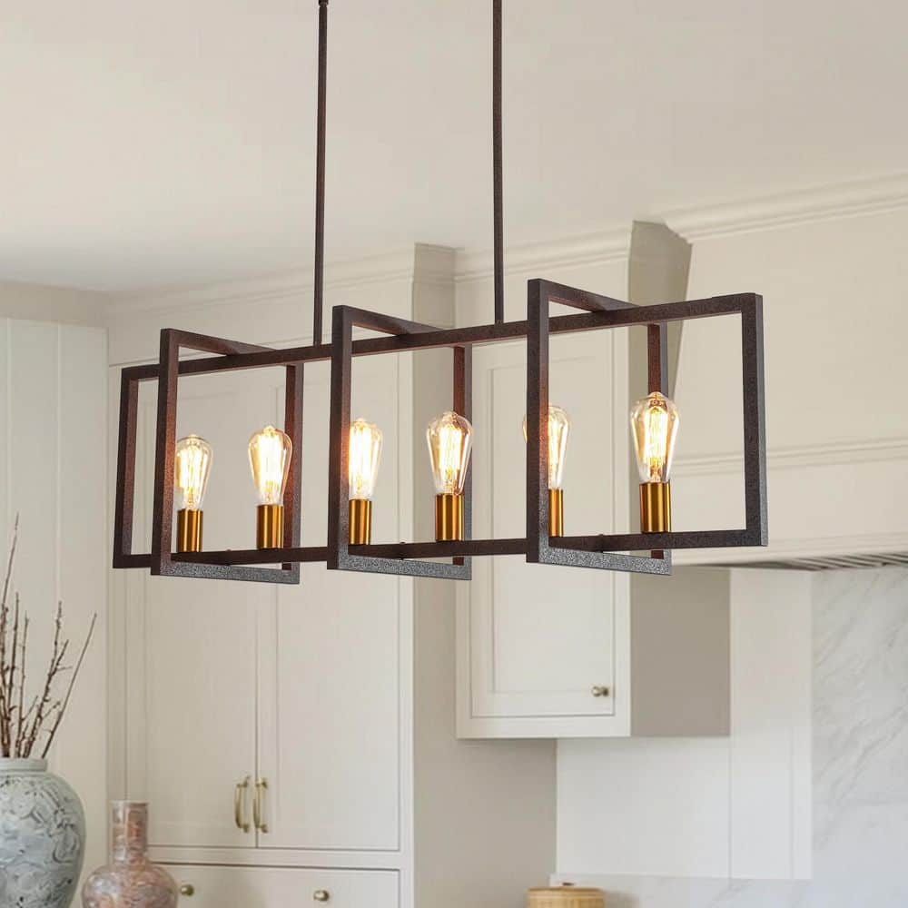 Onyx 43.3 in. 6-Light Farmhouse Industrial Antique Bronze Linear Chandelier with Rectangle Frame Design for Kitchen price history on PriceWatchPro