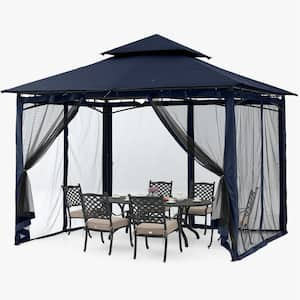 11 ft. x 11 ft. Navy Blue Steel Outdoor Patio Gazebo with Vented Soft Roof Canopy and Netting