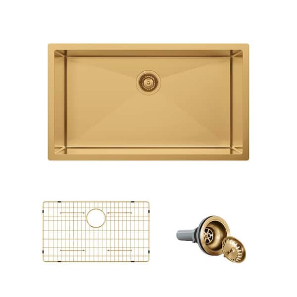 32 in. Undermount Single Bowl 18-Gauge Gold Stainless Steel Kitchen Sink with Accessories