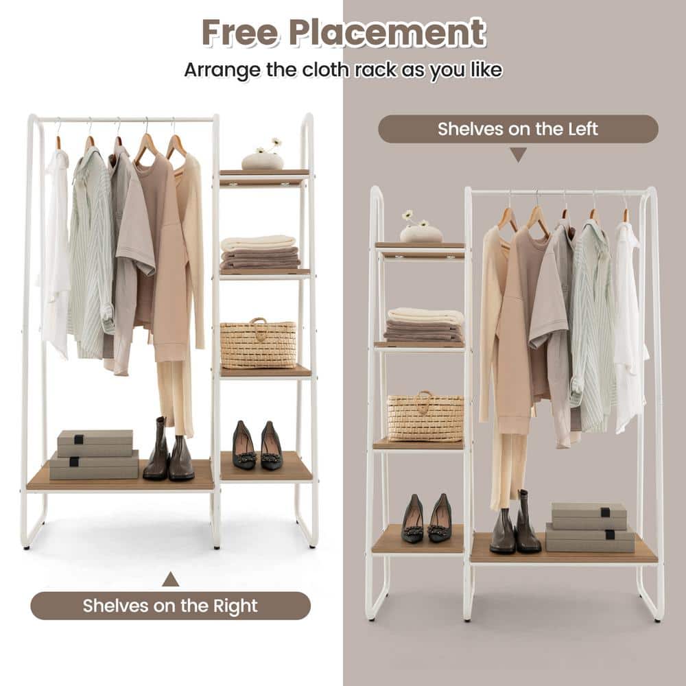 White and Natural Steel Closet Organizer with Shelves and Hanging Rod