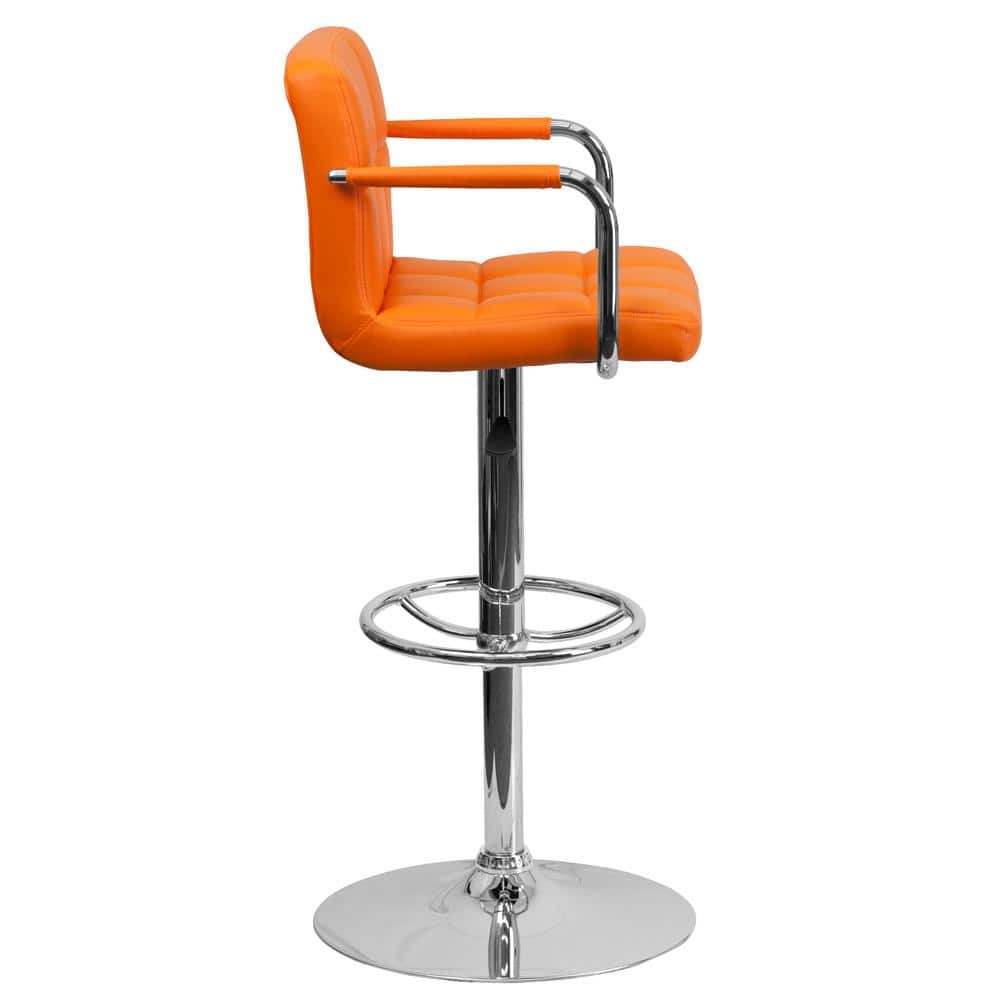 Contemporary Orange Quilted Vinyl Adjustable Swivel Barstool with Chrome Base