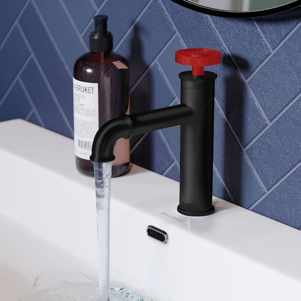 Swiss Madison Avallon Single Hole Single Handle Bathroom Faucet in Matte Black with Red Handle