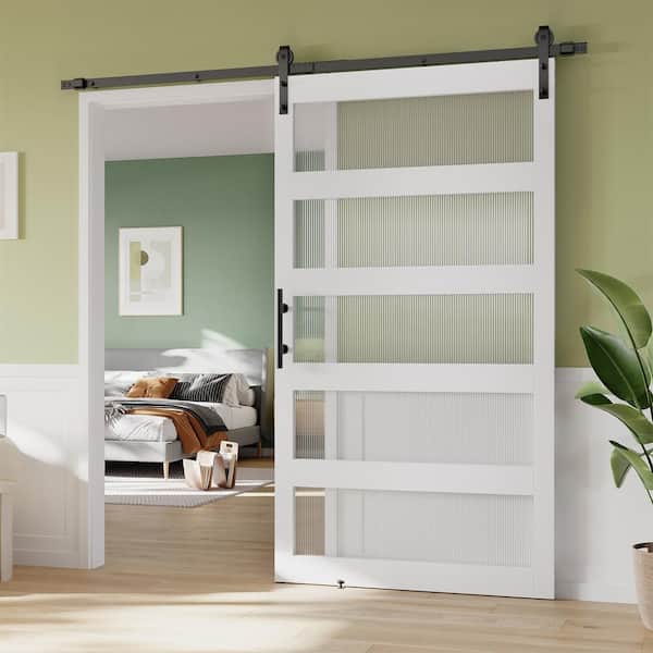 48 in. x 84 in. 5-Lite Frosted Glass White Finished MDF Sliding Barn Door Slab with Hardware Kit and Handle and Lock