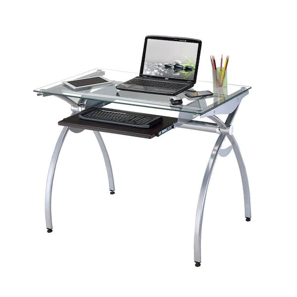 Clihome 43.25 in. Rectangular Clear Computer Desk with Clear Glass Top, Keyboard Panel