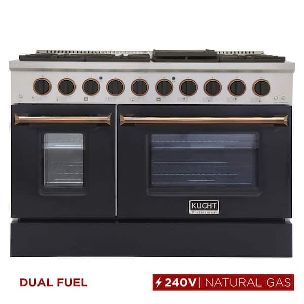 48 in. 6.7 cu. ft. Double Oven Dual Fuel Range with Gas Stove and Electric Oven with Convection Oven in Black and Gold