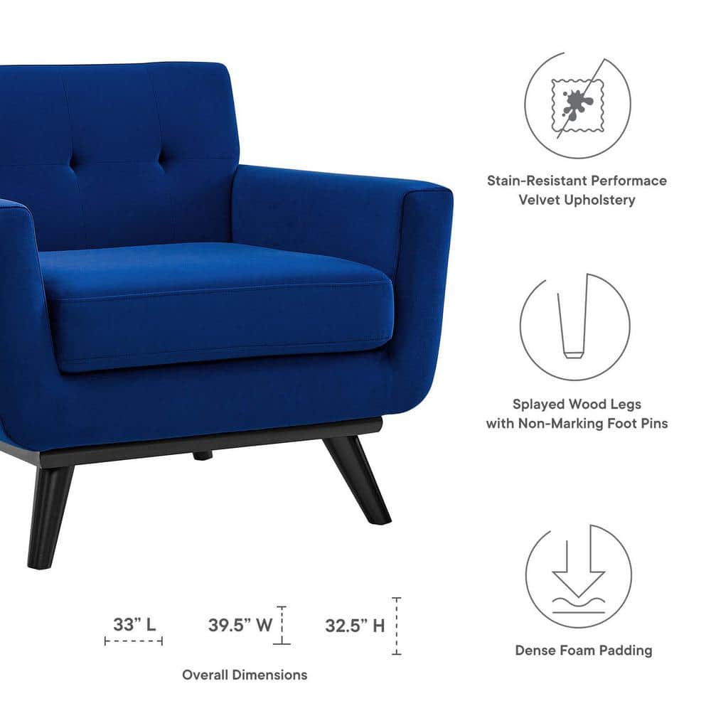 Navy Spot 40" Plush Velvet Tufted Armchair with Black Wood Legs
