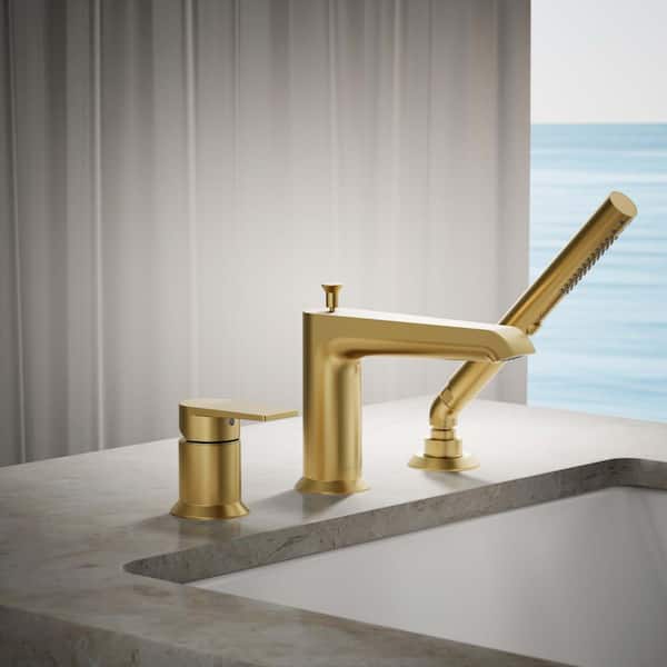 Hint Single-Handle Deck-Mount Roman Tub Faucet with Handshower in Vibrant Brushed Moderne Brass