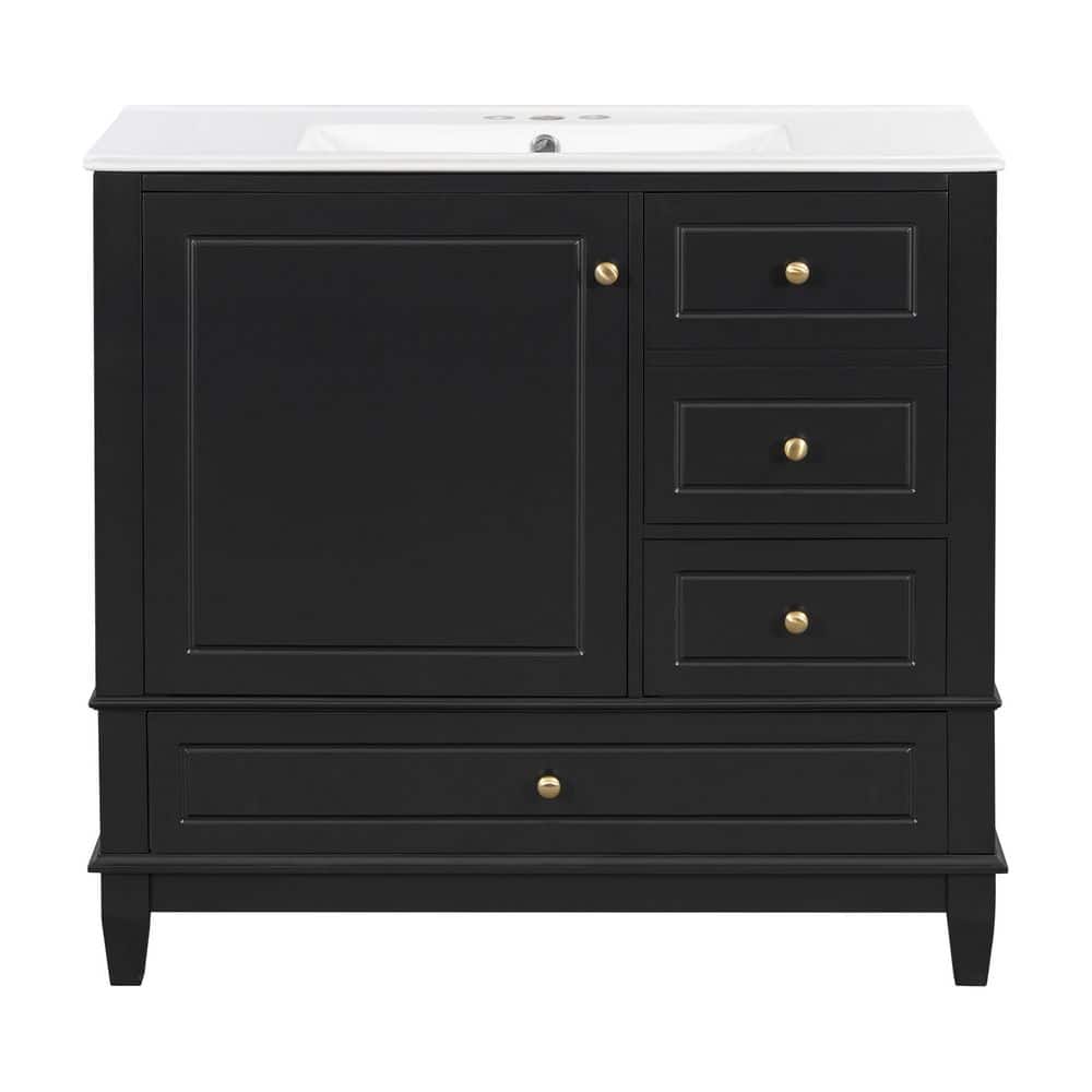 36 in. Freestanding Black Bath Vanity with White Ceramic Top 3 Drawers and Shelves price history on PriceWatchPro