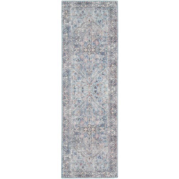 Nourison 57 Grand Machine Washable Light Grey/Blue 2 ft. x 8 ft. Bordered Traditional Kitchen Runner Area Rug