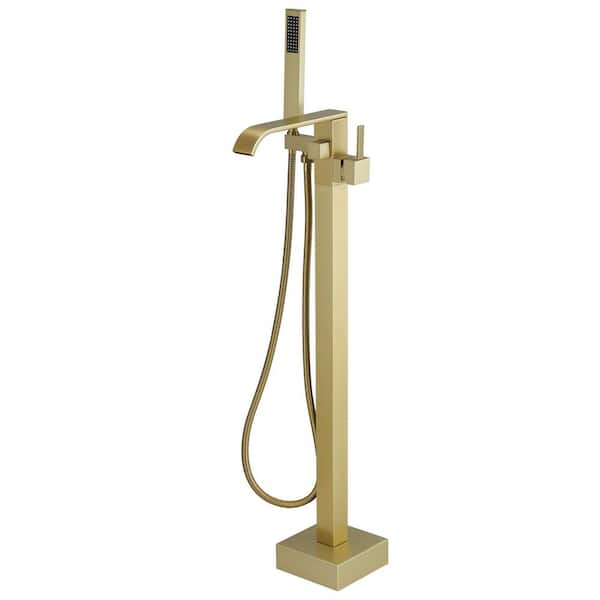 Single-Handle Floor Mount Freestanding Bathtub Faucet Waterfall Tub Filler with Handheld Shower in Brushed Gold