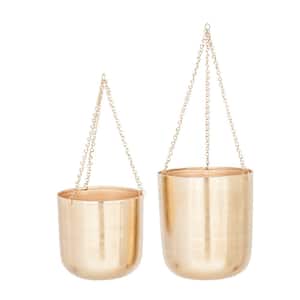 11in. Medium Gold Metal Indoor Outdoor Hanging Dome Wall Planter with Chain (2- Pack)