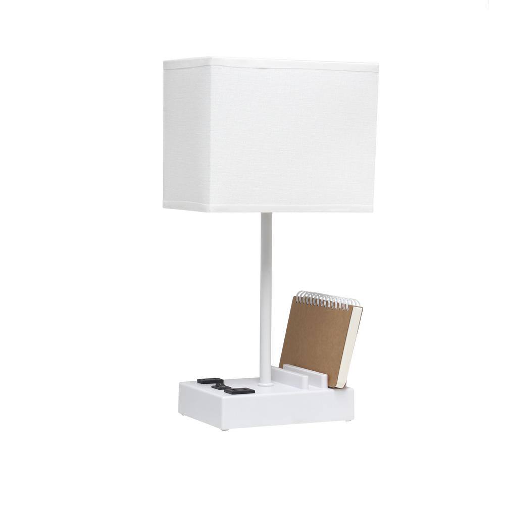 White Rectangular Nightstand Lamp with USB Ports and Charging Outlet
