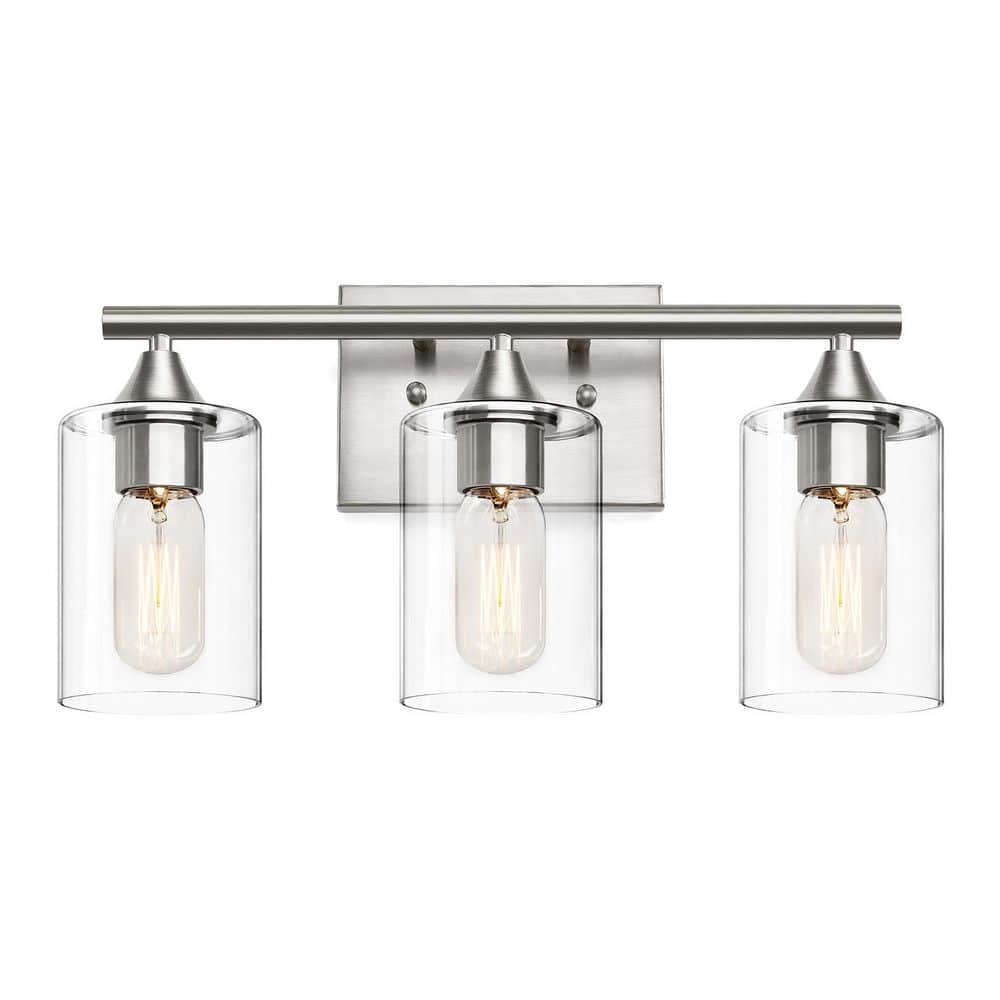 17.2 in. 3 Light Brushed Nickel Silver Moisture-Proof Vanity Light with Clear Cylinder Glass Shade (No Bulbs Included) price history on PriceWatchPro
