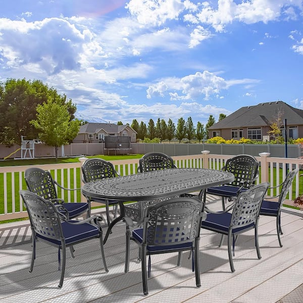 Vintage 9-Piece Cast Aluminum Outdoor Dining Set with 81.89 in. x 41.34 in. Oval Table and Random Color Cushions