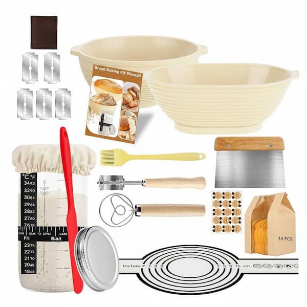 24-Pack Sourdough Starter Kit w/ 34oz Jar, 9 in. Round and 10 in. Oval Silicone Banneton Baskets, Bread Baking Tools Set