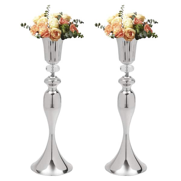 YIYIBYUS 2-Piece 21.7 in. Tall Wedding Centerpieces Silver Metal Tabletop Trumpet Vases with Crystal Bead