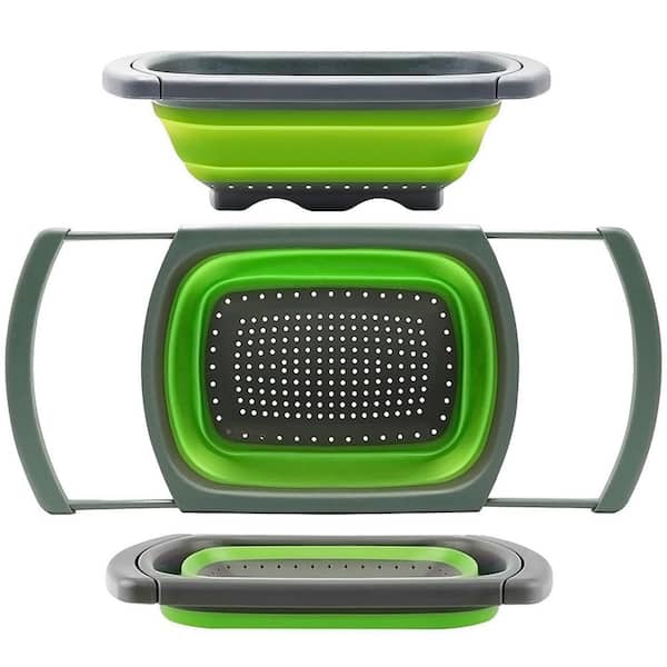 Green Collapsible Silicone Colander with Extendable Handles, Over the Sink Strainer Basket