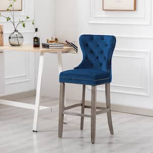 Harper 29 in. High Back Nail Head Trim Button Tufted Royal Blue Velvet Counter Stool Solid Wood Frame Antique Gray