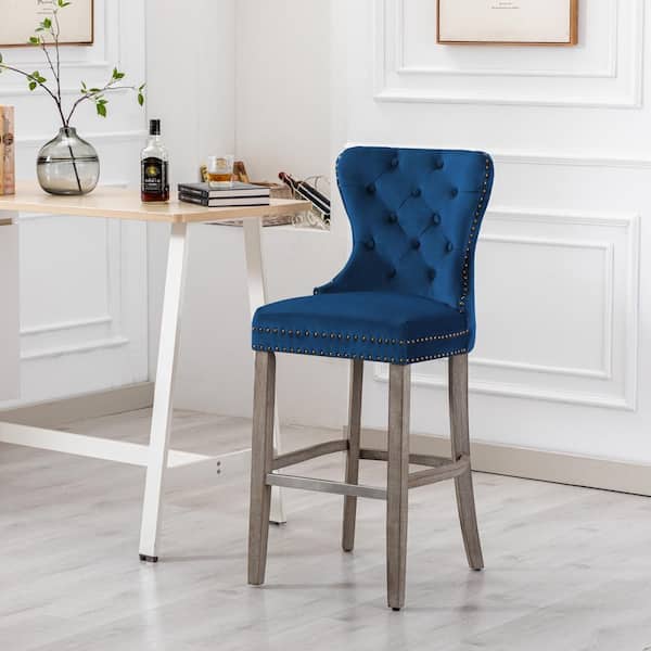 Harper 29 in. High Back Nail Head Trim Button Tufted Royal Blue Velvet Counter Stool Solid Wood Frame Antique Gray