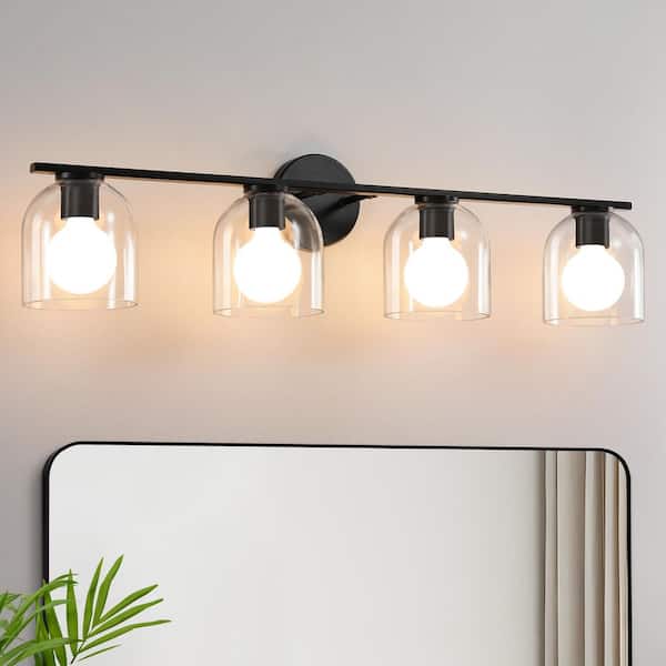 32 in. 4-Light Modern Black Vanity Light with Clear Glass Shade Farmhouse Wall Sconce For Bathroom Light Fixtures