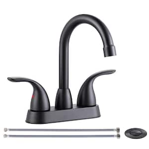 4 in. Centerset Double Handle High Arc Bathroom Faucet with Drain Kit Included and 360° Swivel Spout in Matte Black