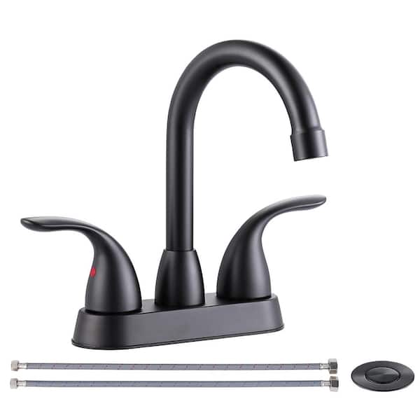 IVIGA 4 in. Centerset Double Handle High Arc Bathroom Faucet with Drain Kit Included and 360° Swivel Spout in Matte Black