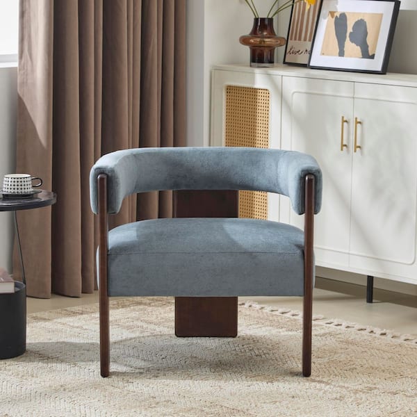 Blue Boucle Upholstered Arm Chair with Solid Rubber Wood Legs