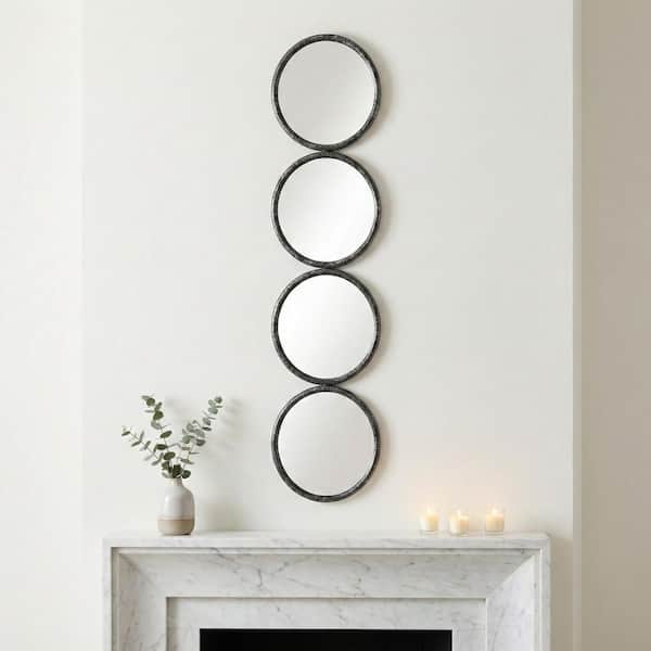Black 12 in. x 48 in. Modern Wood With 4-Mirrored Circles Framed Mirror