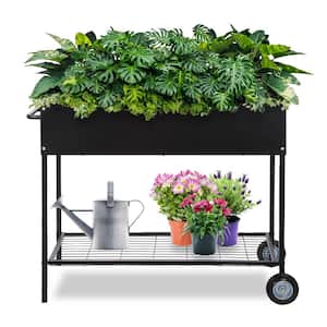 Raised Garden Bed Box with Wheels - Mobile Galvanized Steel Planter with Lower Shelf