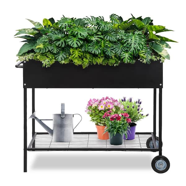 KHOMO GEAR Raised Garden Bed Box with Wheels - Mobile Galvanized Steel Planter with Lower Shelf