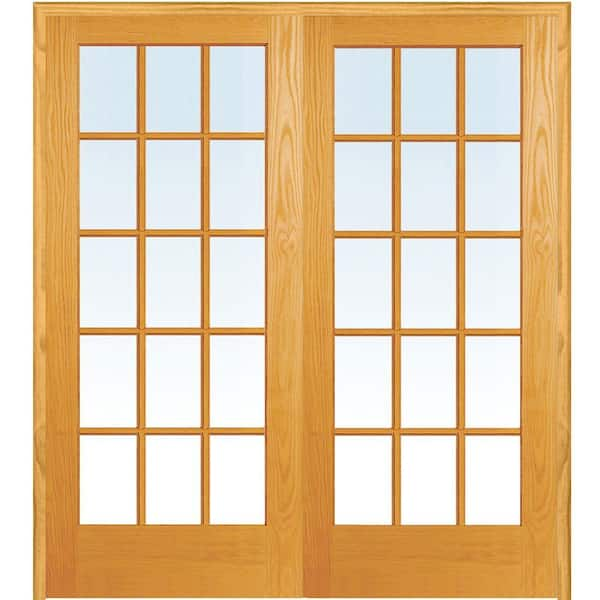 72 in. x 80 in. Both Active Unfinished Pine Glass 15-Lite Clear True Divided Prehung Interior French Door