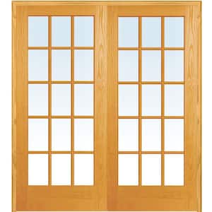 60 in. x 80 in. Both Active Unfinished Pine Glass 15-Lite Clear True Divided Prehung Interior French Door