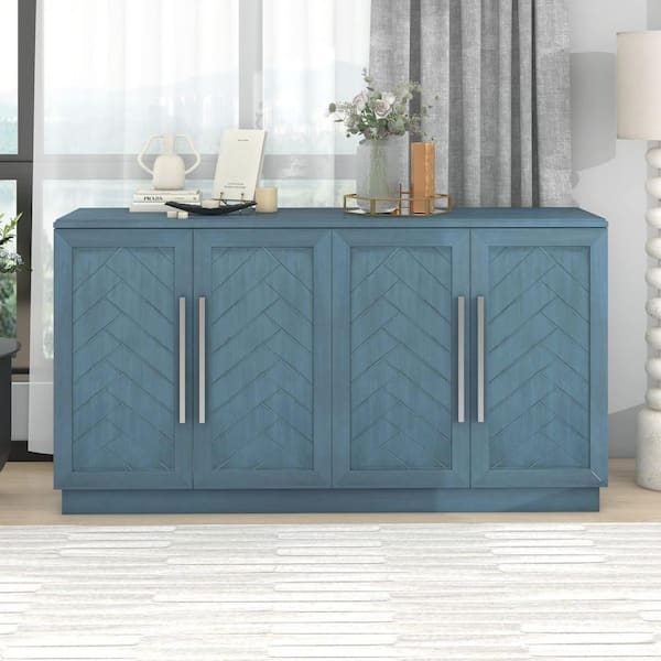 Unbranded Antique Blue Wood 60 in. 4-Doors Sideboard Buffet Cabinet with Adjustable Shelves and Large Storage Space