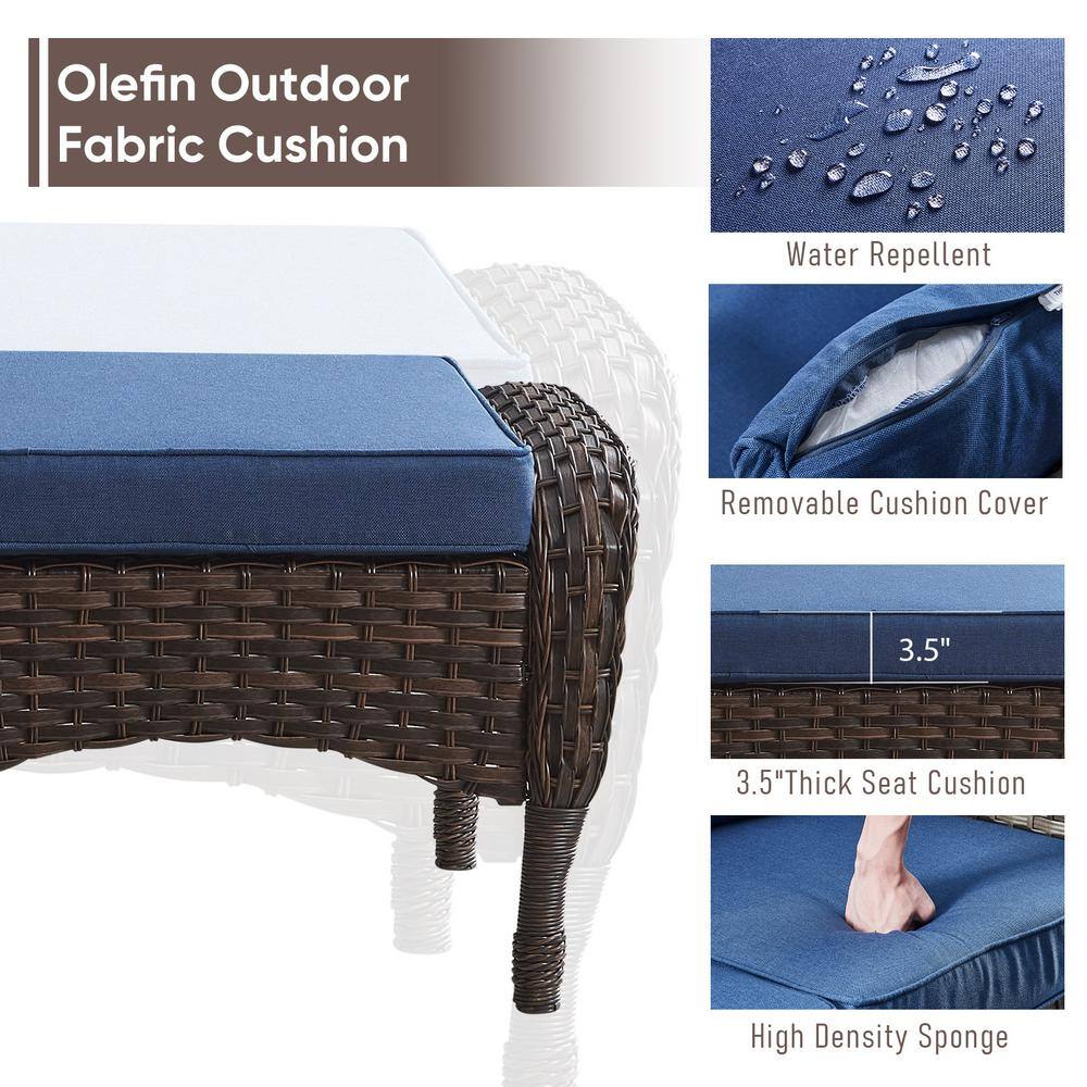 Brown Wicker Outdoor Ottomans with Blue Cushions Set of 2