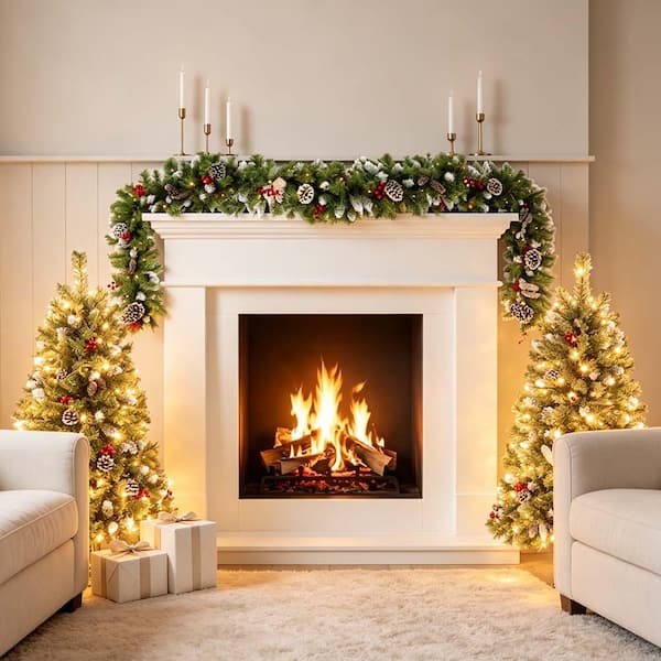 3-Piece Pre-Lit Artificial Christmas Tree & Garland Set,2 Pack 4 ft Entrance Xmas Trees & 9 ft Garland for Holiday Decor