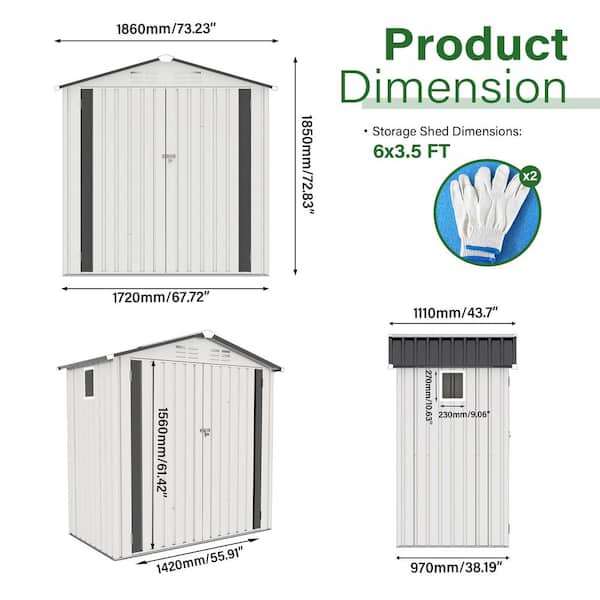 6 ft X3..6 FT White Metal Storage Shed, Tool Shed with Peaked Roof