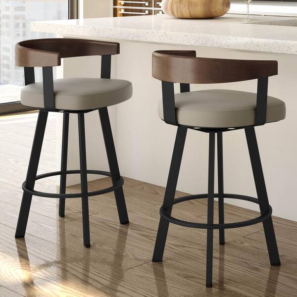 Amisco Lars 33 In Beige Faux Leather, Metal And Wood Swivel Bar Stools