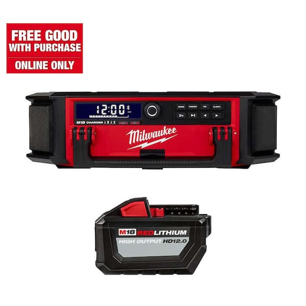 Milwaukee M18 18V Lithium-Ion Cordless PACKOUT Radio/Speaker with Built-In Charger and High Output 12.0Ah Battery