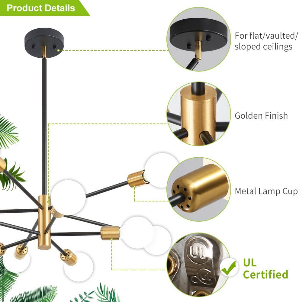 Black and Gold Metal 10-Light Sputnik Chandelier