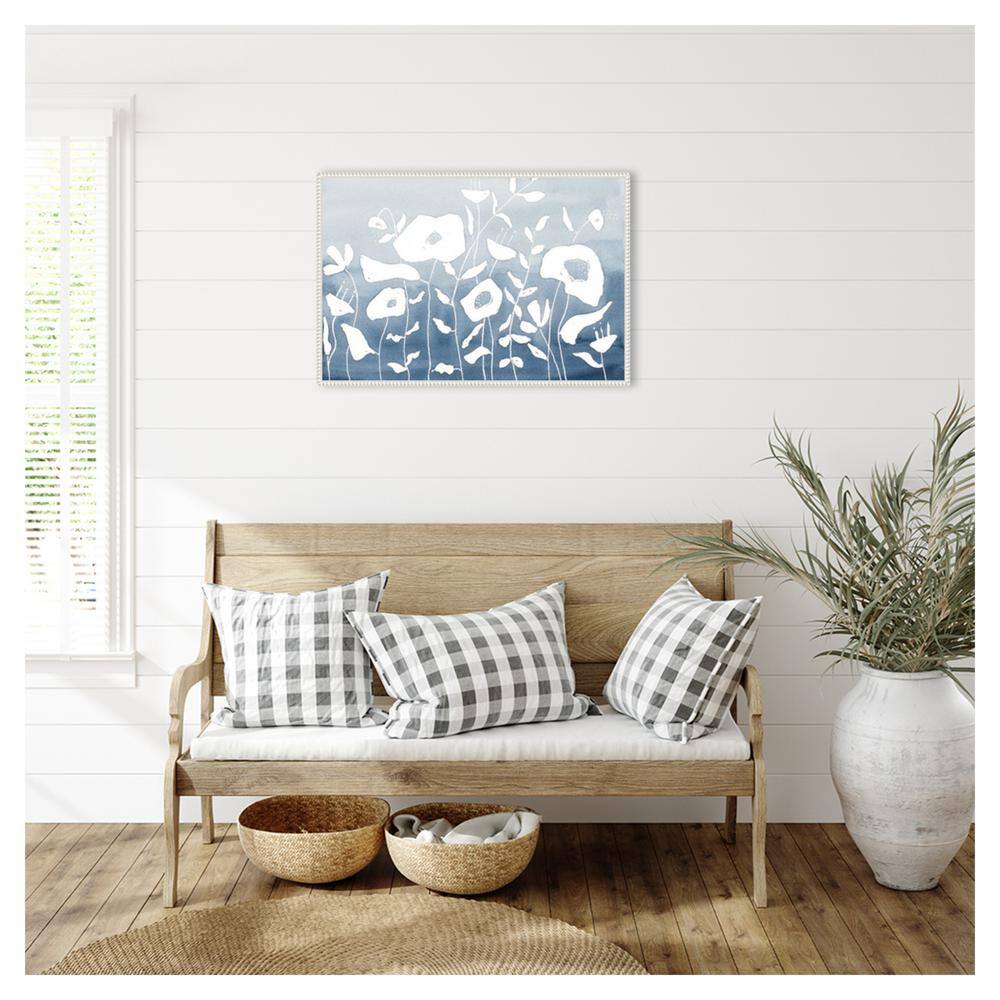 Blue and White Floral Garden Beaded Framed Canvas Wall Art