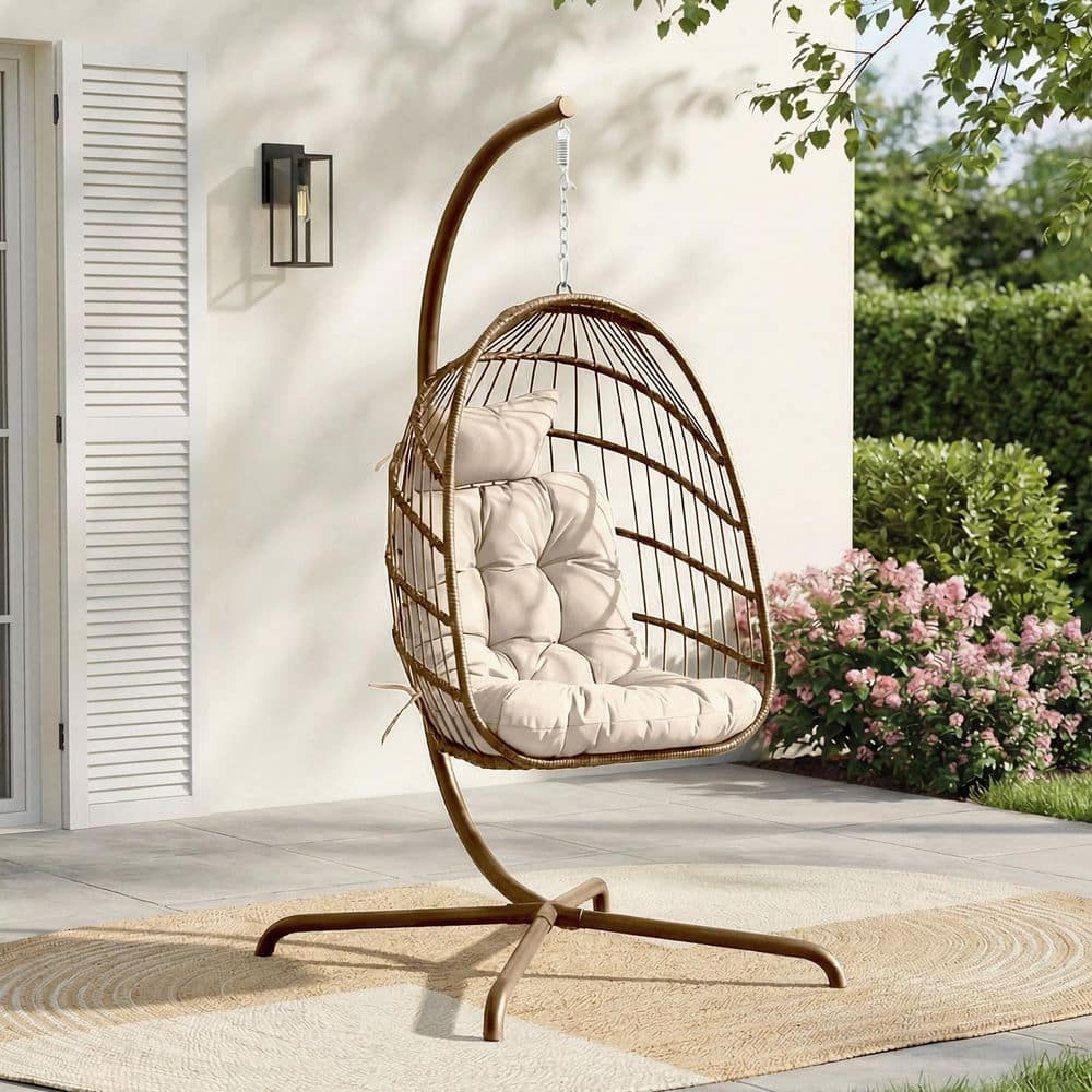FINCATI Foldable 350 lbs. 1-Person Brown Wicker Patio Swing Egg Chair with Gold Stand and Beige Cushion, Outdoor Hanging Chair HH-0035
