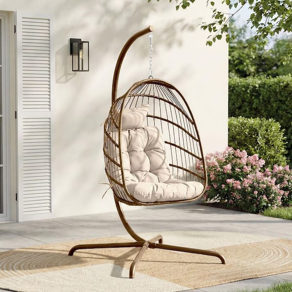FINCATI Foldable 350 lbs. 1-Person Brown Wicker Patio Swing Egg Chair with Gold Stand and Beige Cushion, Outdoor Hanging Chair